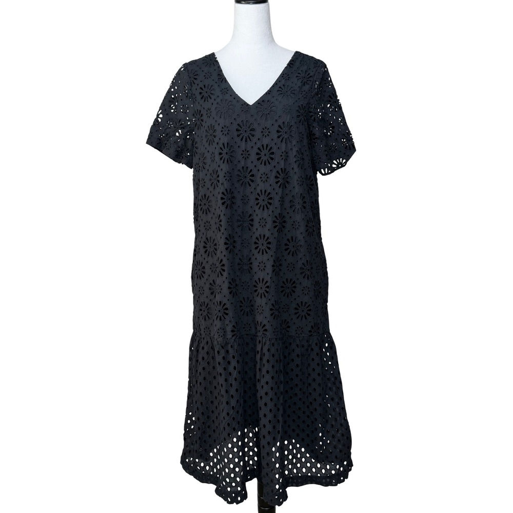 Madewell Women 100% Cotton Dress S Black Eyelet V-Neck Tiered Midi Pockets